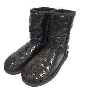 UGG Classic Short Sequin Boots Black Sheepskin Lined Sparkle Winter Boots Size 8